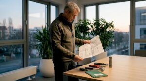 Ein Elektroingenieur nimmt den Bauplan für die Ladeinfrastruktur genau unter die Lupe.