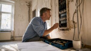 Ein Techniker überprüft den alten Elektroschaltkasten in einer Berliner Altbauwohnung.
