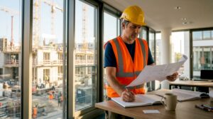 Ein Ingenieur prüft vor Ort die Baupläne auf der Baustelle.