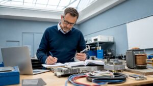 Ein Ingenieur prüft technische Unterlagen und Bauteile sorgfältig auf ihre Qualität und Funktionstüchtigkeit.