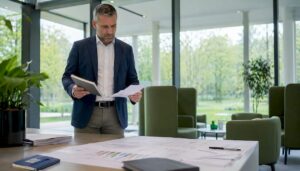 Ein Bauingenieur begutachtet am Schreibtisch die Energiepläne.