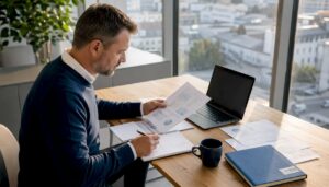 Ein Energiemanager analysiert die Verbrauchsdaten im Büro, um Einsparpotenziale zu identifizieren.