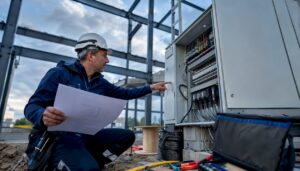 Der Projektkoordinator nimmt den Elektroinstallationsplan genau unter die Lupe.