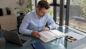 Ingenieur prüft das aktuelle DIN-VDE-Regelwerk auf relevante Vorschriften.