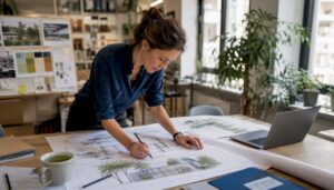 Eine Architektin begutachtet am Schreibtisch umweltfreundliche Baukonzepte.
