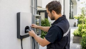 Ein Elektriker installiert eine Ladestation für Elektroautos im Eigenheim.