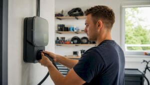 Im eigenen Zuhause wird das Elektroauto in der Garage an die Ladestation angeschlossen – ein alltäglicher Handgriff für viele Autofahrer.