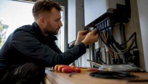 Ein Techniker installiert und verkabelt im Innenbereich einen Wechselrichter für die Photovoltaikanlage.