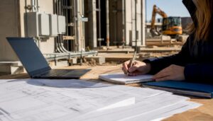 Baustelle mit moderner Elektroinstallation und detaillierten Bauplänen