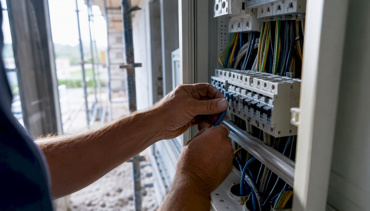 Ein Elektriker schließt vor Ort einen Sicherungskasten an.