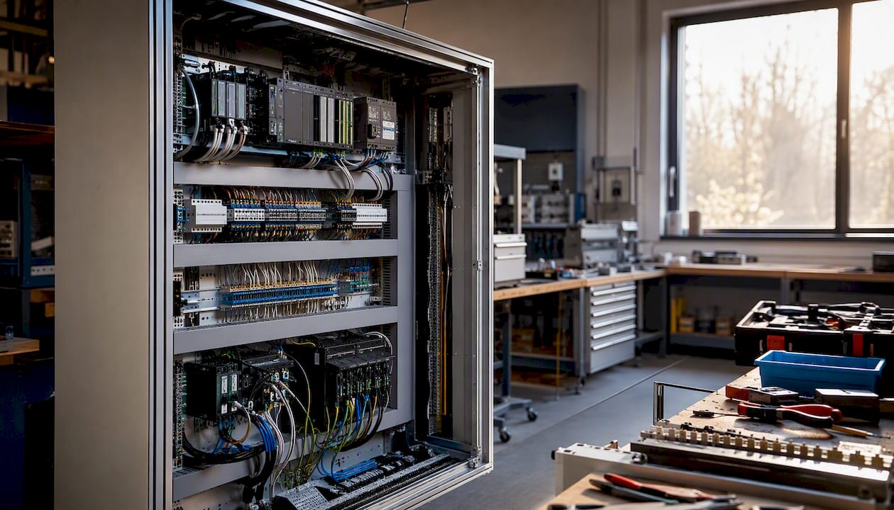 Im Elektrowerkstatt steht ein Schaltschrank, dessen Verdrahtung noch teilweise offen ist.