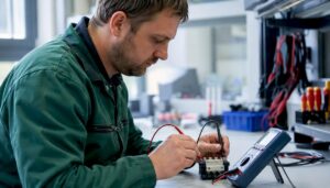 Ein Techniker überprüft ein elektrisches Bauteil mit einem Multimeter.