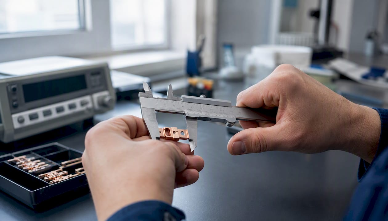 Detailaufnahme: Mit einer Messschieber wird ein elektrischer Stecker vermessen.