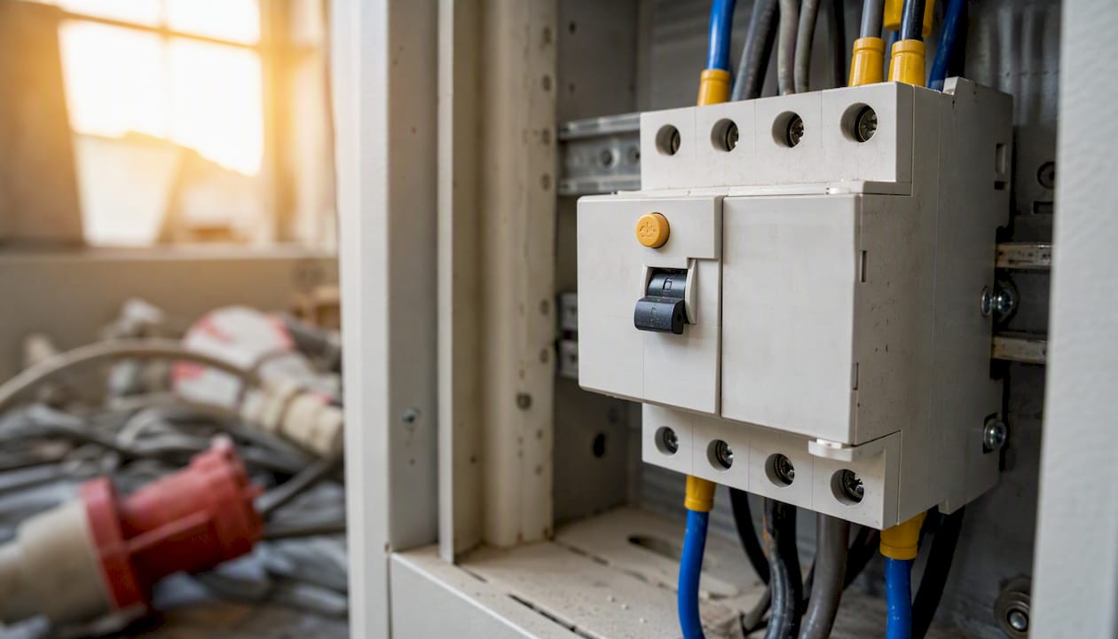 Im Baustromverteiler sorgt ein Fehlerstromschutzschalter vom Typ B für höchste Sicherheit.