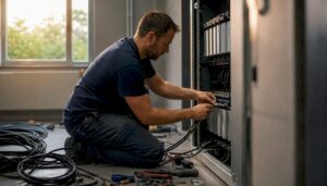 Ein Elektriker installiert und verkabelt eine Kondensatorbank im Schaltschrank.