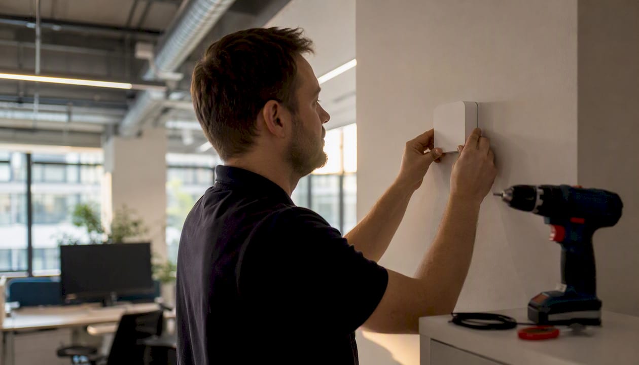 Ein Techniker bringt im Gebäude einen Sensor zur Messung der Luftqualität an.
