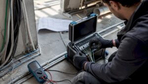 Ein Servicetechniker schließt die Verkabelung an einem elektrischen Überwachungsfeld an.