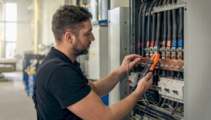 Ein Ingenieur prüft die Spannung an einer Stromschiene.
