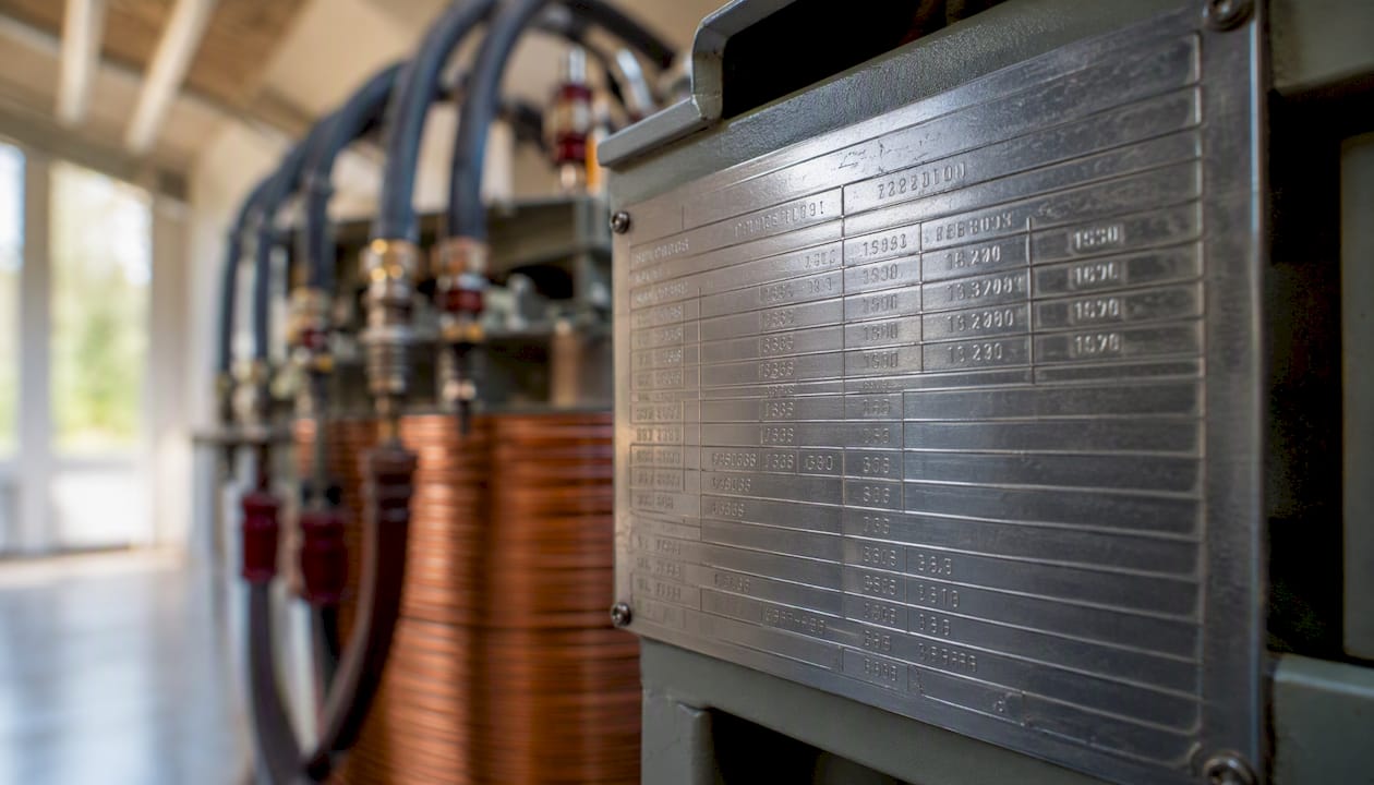 Detailaufnahme des Typenschilds und der Wicklungen eines Transformators