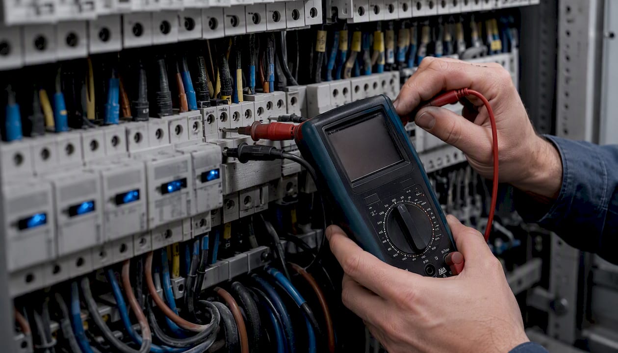 Messspitzen eines Multimeters werden an einem Elektrokabel im Schaltschrank angesetzt.