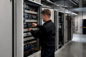 Ein Elektriker überprüft und stellt den Sicherungskasten neu ein.