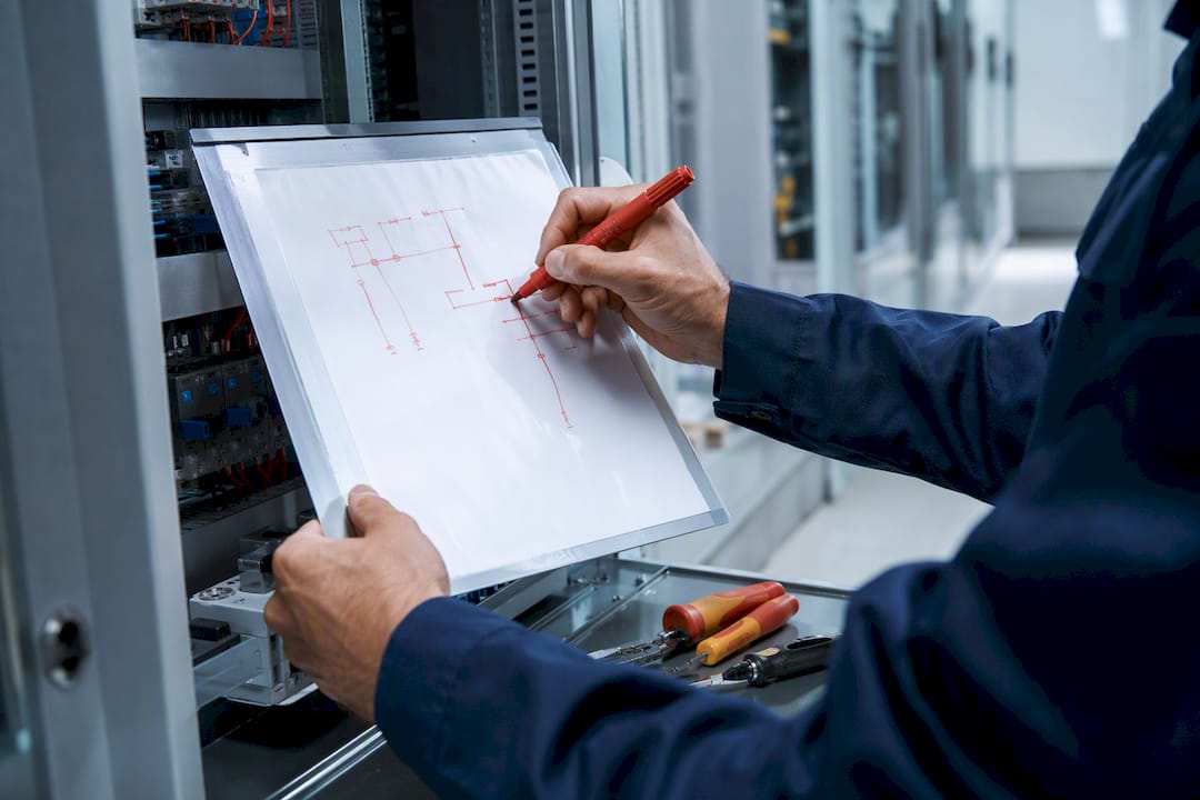 Ein Elektriker trägt nachträgliche Änderungen direkt in die Bestandspläne ein und markiert sie dort als sogenannte 'Redlines'.