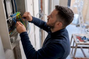 Ein Elektriker schließt eine Verteilerdose an.