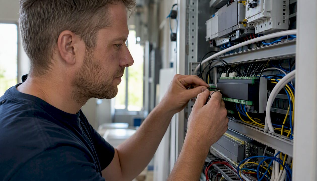 Techniker installiert DALI-2-zu-KNX-Gateway