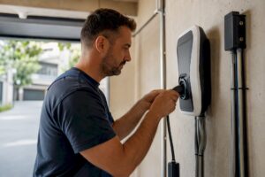 Elektriker installiert Ladekabel für Elektrofahrzeuge im Innenbereich