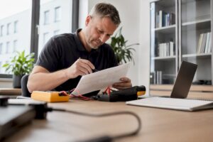 Hände, die an elektrischen Planungszeichnungen arbeiten
