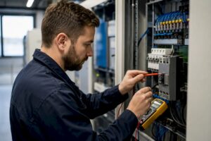 Techniker misst Oberschwingungen am Schaltkasten