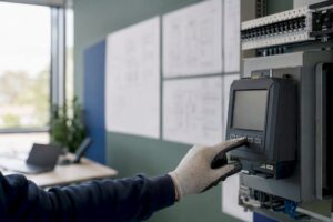 Hand justiert den Energiezähler im Schaltschrank