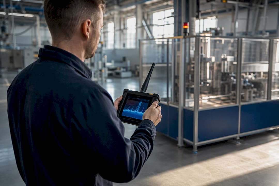 Techniker untersucht Funkstörungen in der Produktionshalle