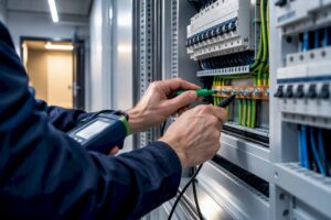 Prüftechniker misst an elektrischer Anlage