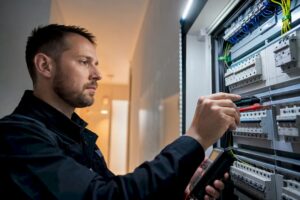 Eine Elektrofachkraft überprüft den Baustellenverteiler mit einem Messgerät.
