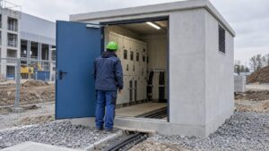 Mittelspannungsstation an einem geplanten Standort für den Bau