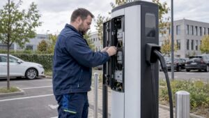Techniker inspiziert öffentliche Ladestation
