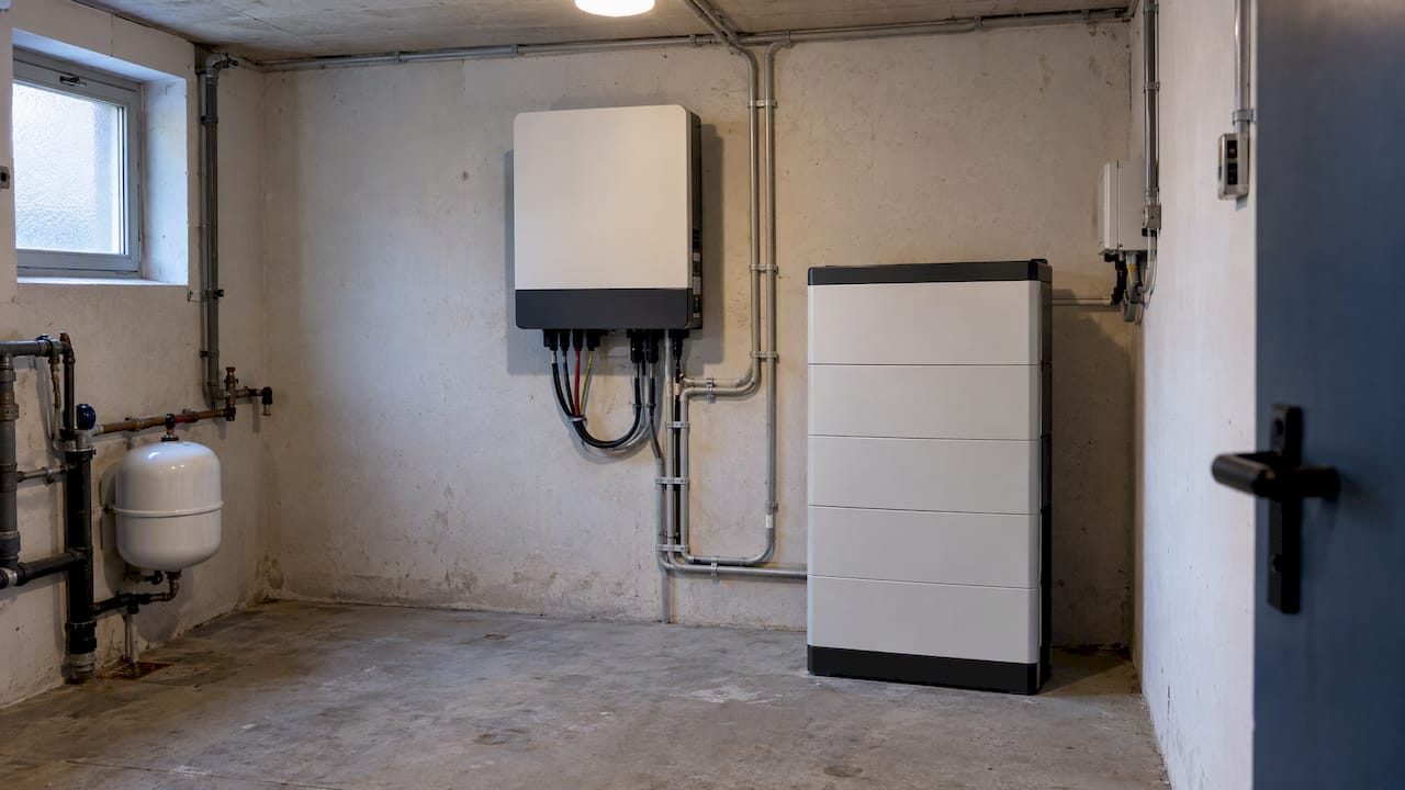 Wechselrichter und Batteriespeicher im Kellerraum