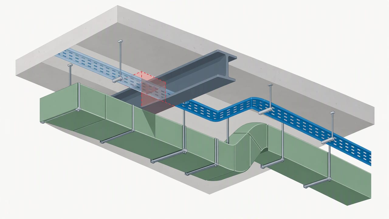 Abgestimmte Kabeltrasse neben Lüftung und Tragwerk